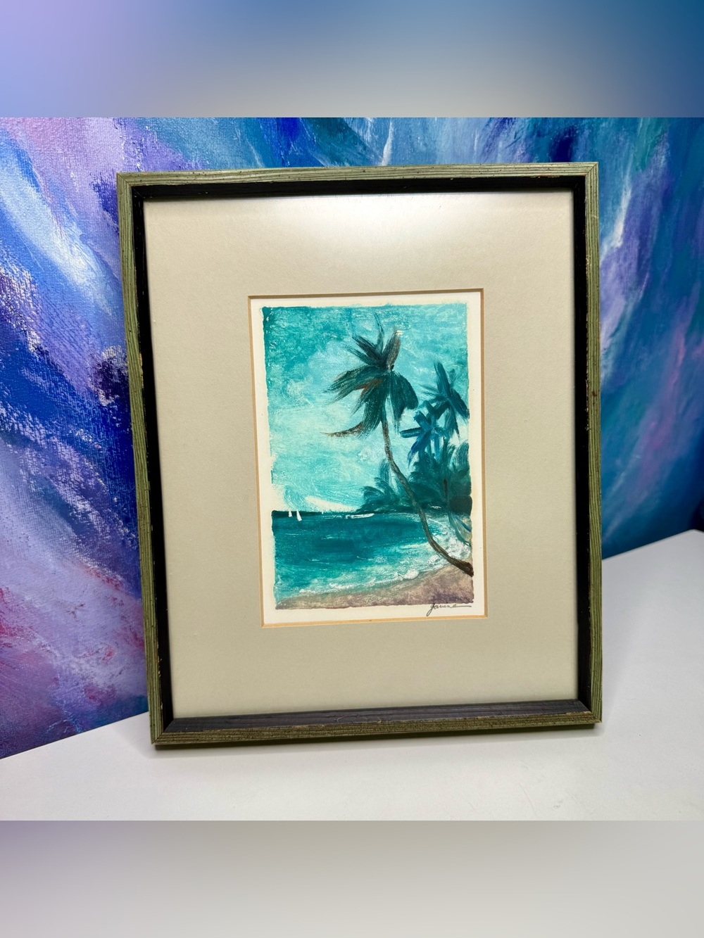 Tropical Palm Tree Oil Monotype Print Framed Original Wall Art signed Janine